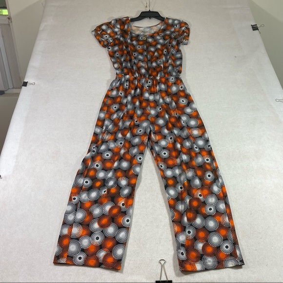 Pants - Jumper Jumpsuit Front Zip Elastic Waist Orange Gray circle Print Short Sleeve